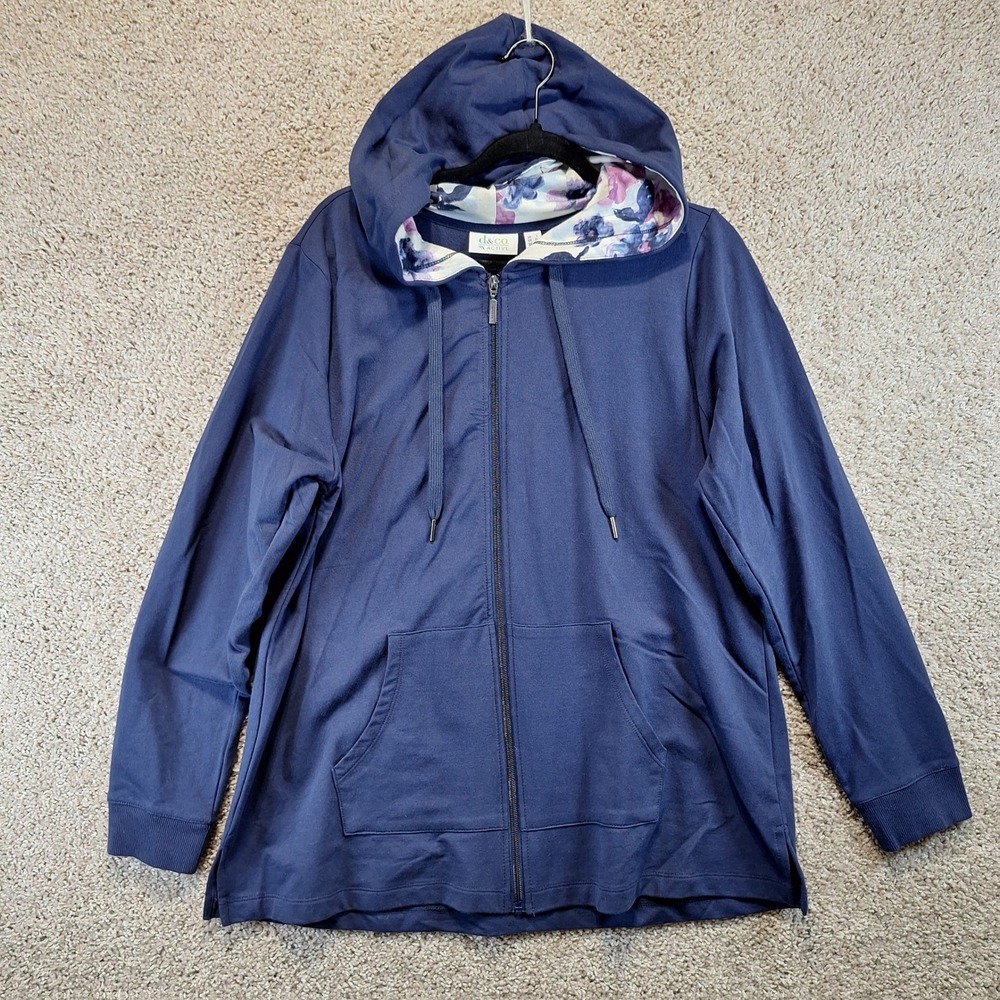 D&Co Active Hoodie Womens L Blue Floral Hood Lining Full Zip Sweatshirt Casual